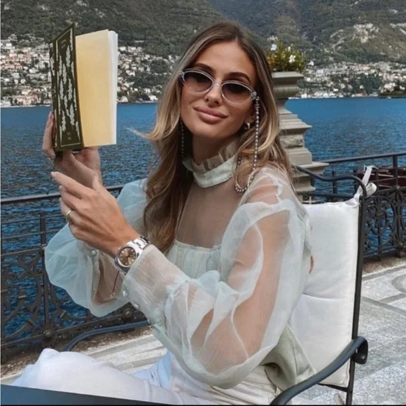 Zara Organza Sheer Ruffle Knit Top in Sea Foam Green Blogger Favorite Size Small - Picture 3 of 16